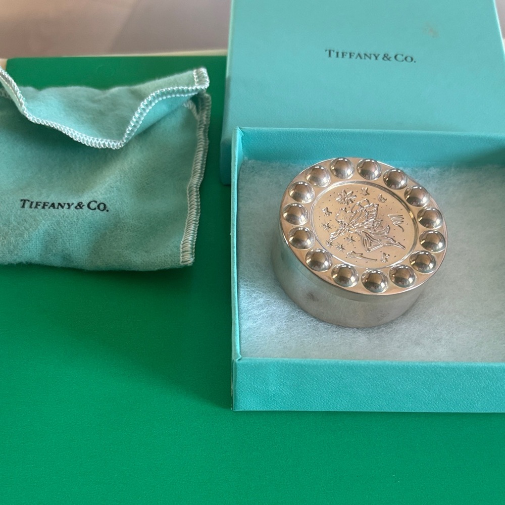 Tiffany & Co. Silver Round Box with Embellishments for baby first tooth
